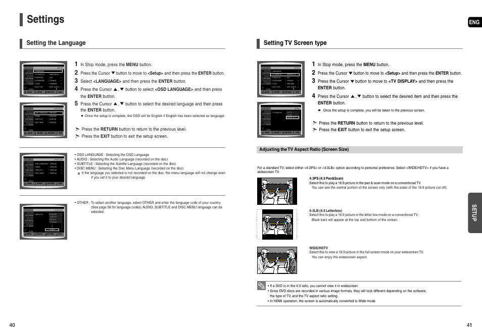 Settings, Setting the language, Setting tv screen type | Eng setup | Samsung HT-X200T-XAA User Manual | Page 21 / 31