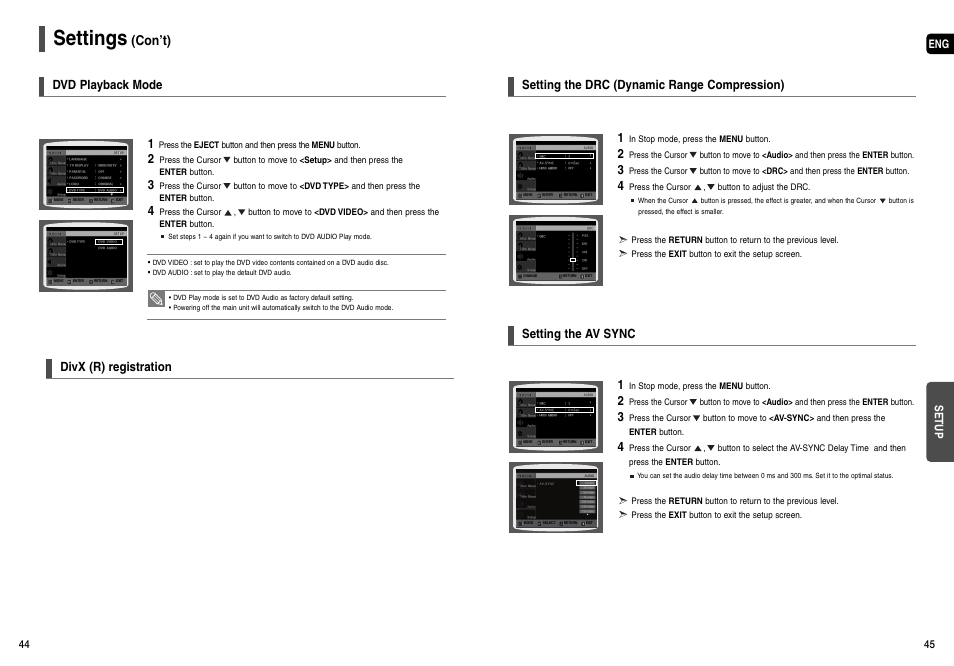 Settings, Con’t), Divx (r) registration | Dvd playback mode, Setting the av sync, Setting the drc (dynamic range compression) | Samsung HT-X200T-XAA User Manual | Page 23 / 31