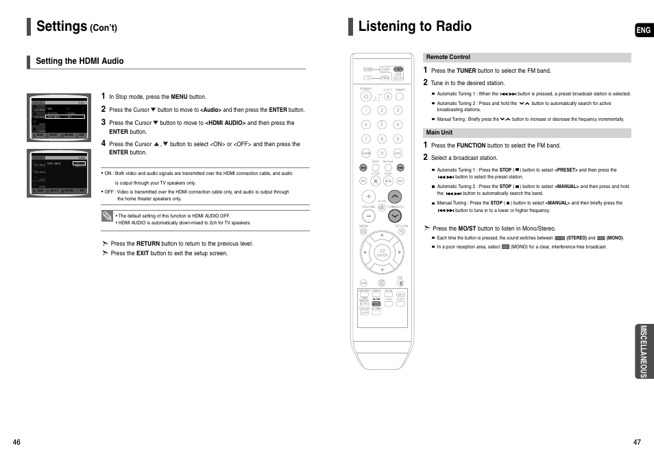 Listening to radio, Settings, Con’t) | Setting the hdmi audio | Samsung HT-X200T-XAA User Manual | Page 24 / 31