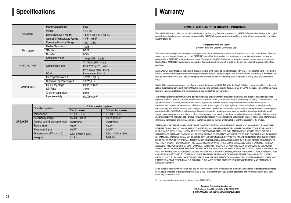 Specifications, Warranty | Samsung HT-X200T-XAA User Manual | Page 30 / 31