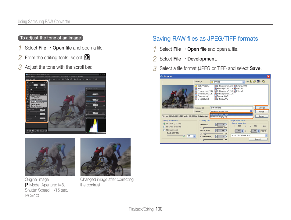 Saving raw files as jpeg/tiff formats, Saving raw ﬁles as jpeg/tiff formats, Saving raw ﬁles as jpeg/tiff formats … 100 | Samsung EC-TL500ZBPBUS User Manual | Page 101 / 129