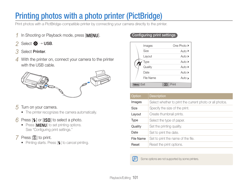 Printing photos with a photo printer (pictbridge), Printing photos with a photo printer, Pictbridge) | Samsung EC-TL500ZBPBUS User Manual | Page 102 / 129