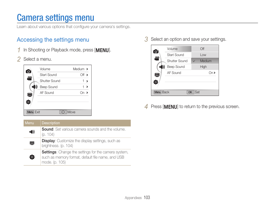 Camera settings menu, Accessing the settings menu, Accessing the settings menu …………………………… 103 | Samsung EC-TL500ZBPBUS User Manual | Page 104 / 129