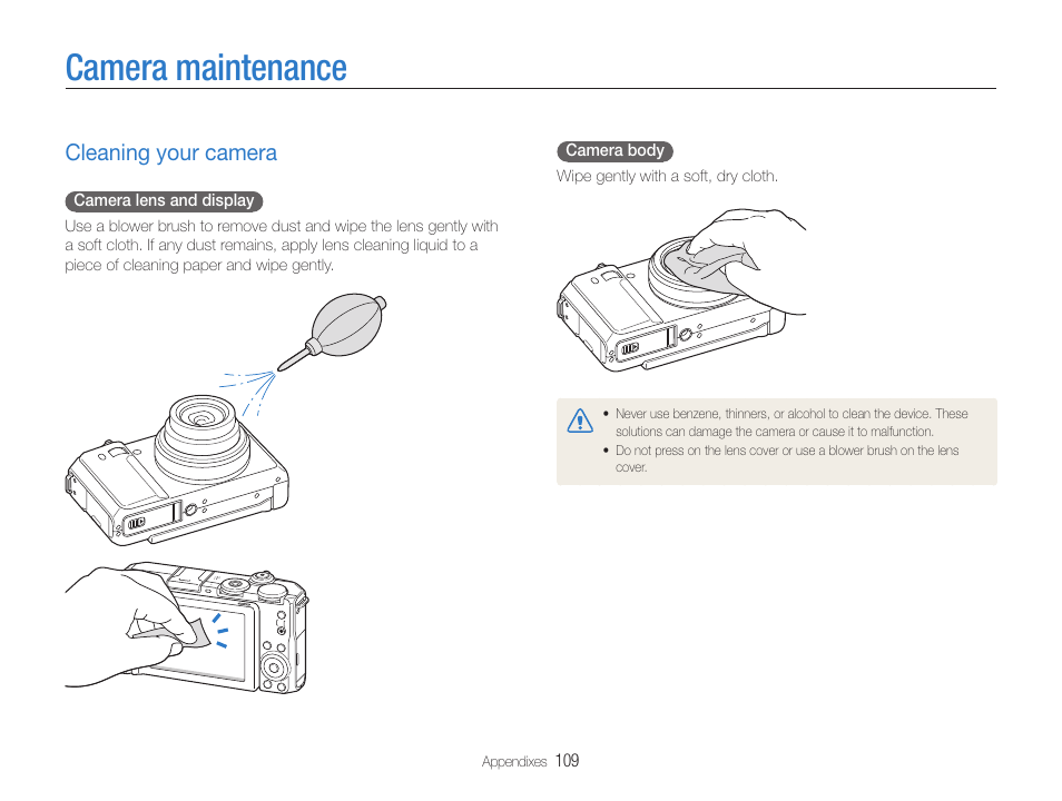 Camera maintenance, Cleaning your camera, Cleaning your camera ………………………………… 109 | Samsung EC-TL500ZBPBUS User Manual | Page 110 / 129