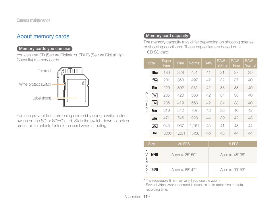 About memory cards, About memory cards …………………………………… 110 | Samsung EC-TL500ZBPBUS User Manual | Page 111 / 129