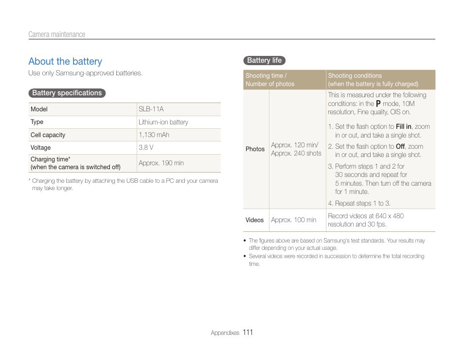 About the battery, About the battery ……………………………………… 111 | Samsung EC-TL500ZBPBUS User Manual | Page 112 / 129