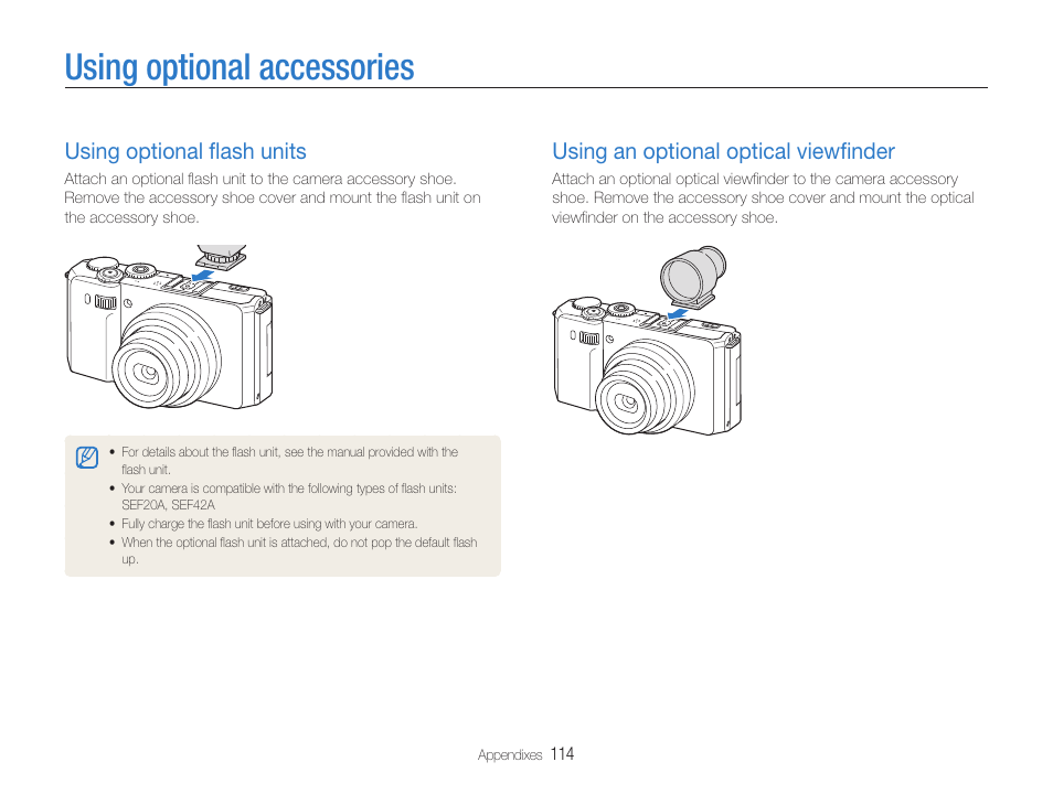 Using optional accessories, Using optional flash units, Using an optional optical viewfinder | Using optional ﬂash units, Using an optional optical viewﬁnder, Using optional ﬂash units ……………………………… 114, Using an optional optical viewﬁnder …………………… 114 | Samsung EC-TL500ZBPBUS User Manual | Page 115 / 129