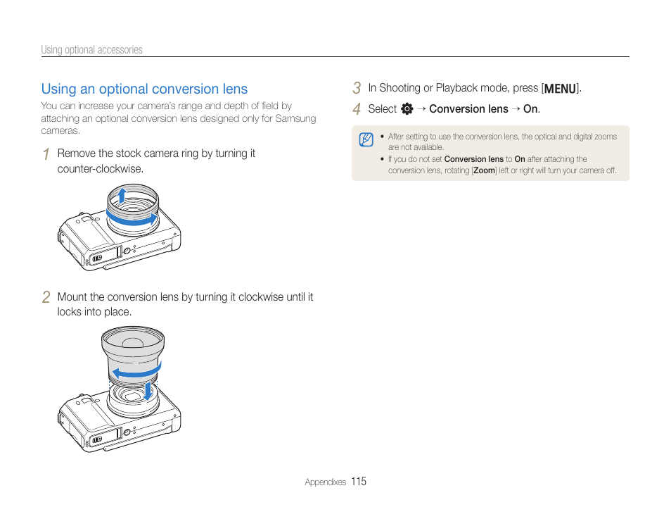 Using an optional conversion lens, Using an optional conversion lens ……………………… 115 | Samsung EC-TL500ZBPBUS User Manual | Page 116 / 129