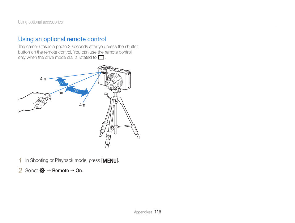 Using an optional remote control, Using an optional remote control ……………………… 116 | Samsung EC-TL500ZBPBUS User Manual | Page 117 / 129