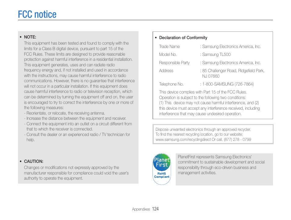 Fcc notice | Samsung EC-TL500ZBPBUS User Manual | Page 125 / 129