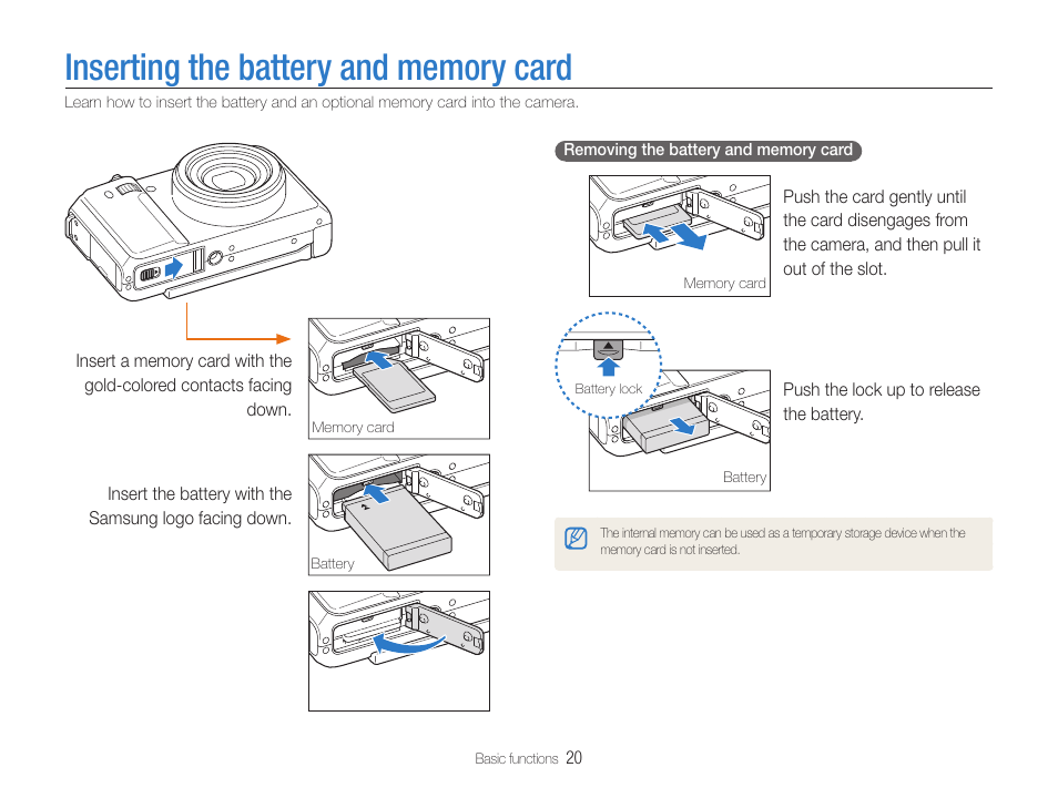 Inserting the battery and memory card | Samsung EC-TL500ZBPBUS User Manual | Page 21 / 129