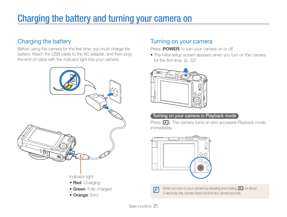 Charging the battery and turning your camera on, Charging the battery, Turning on your camera | Samsung EC-TL500ZBPBUS User Manual | Page 22 / 129