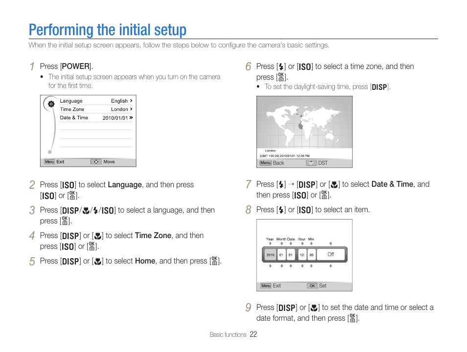 Performing the initial setup | Samsung EC-TL500ZBPBUS User Manual | Page 23 / 129