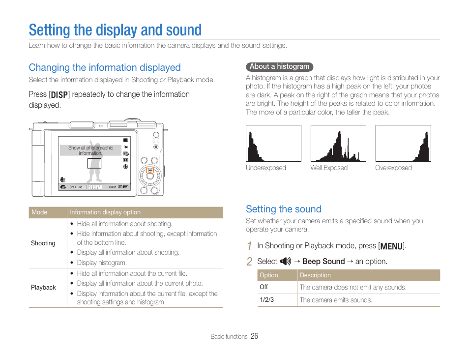 Setting the display and sound, Changing the information displayed, Setting the sound | Samsung EC-TL500ZBPBUS User Manual | Page 27 / 129