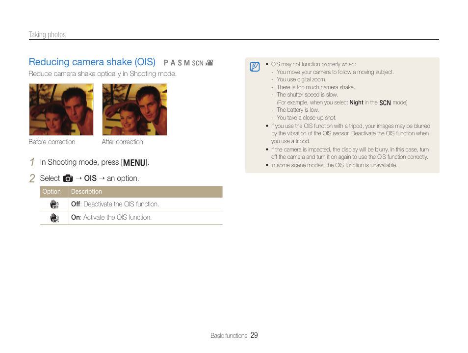 Reducing camera shake (ois) | Samsung EC-TL500ZBPBUS User Manual | Page 30 / 129