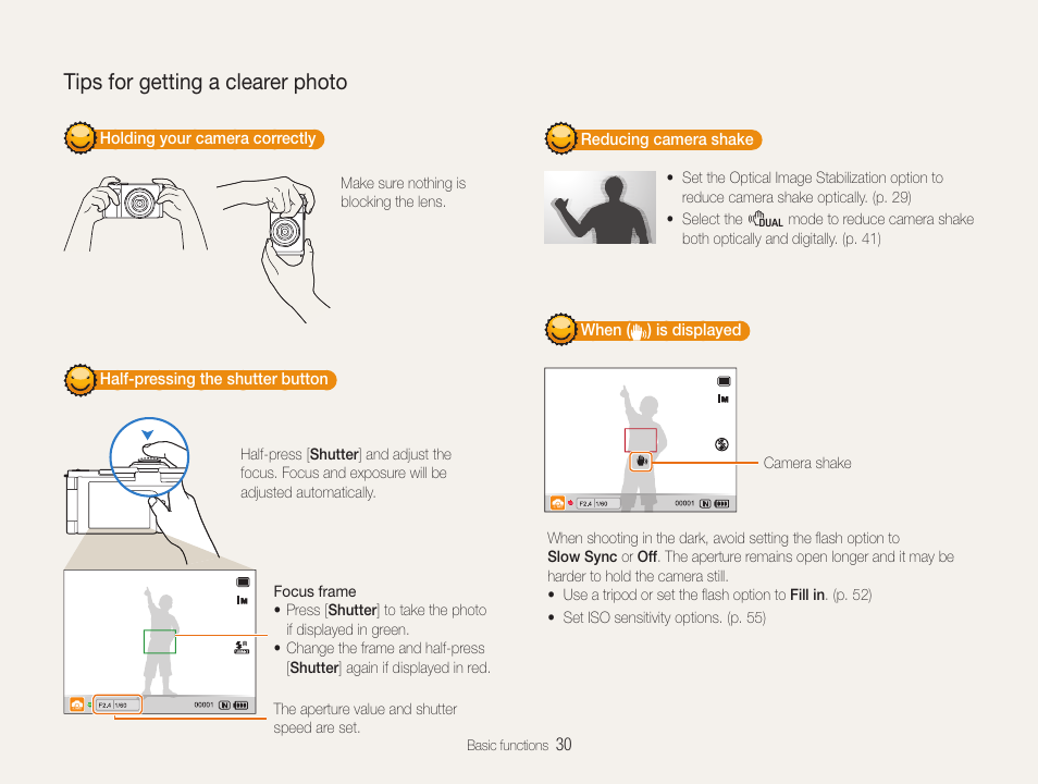 Tips for getting a clearer photo | Samsung EC-TL500ZBPBUS User Manual | Page 31 / 129