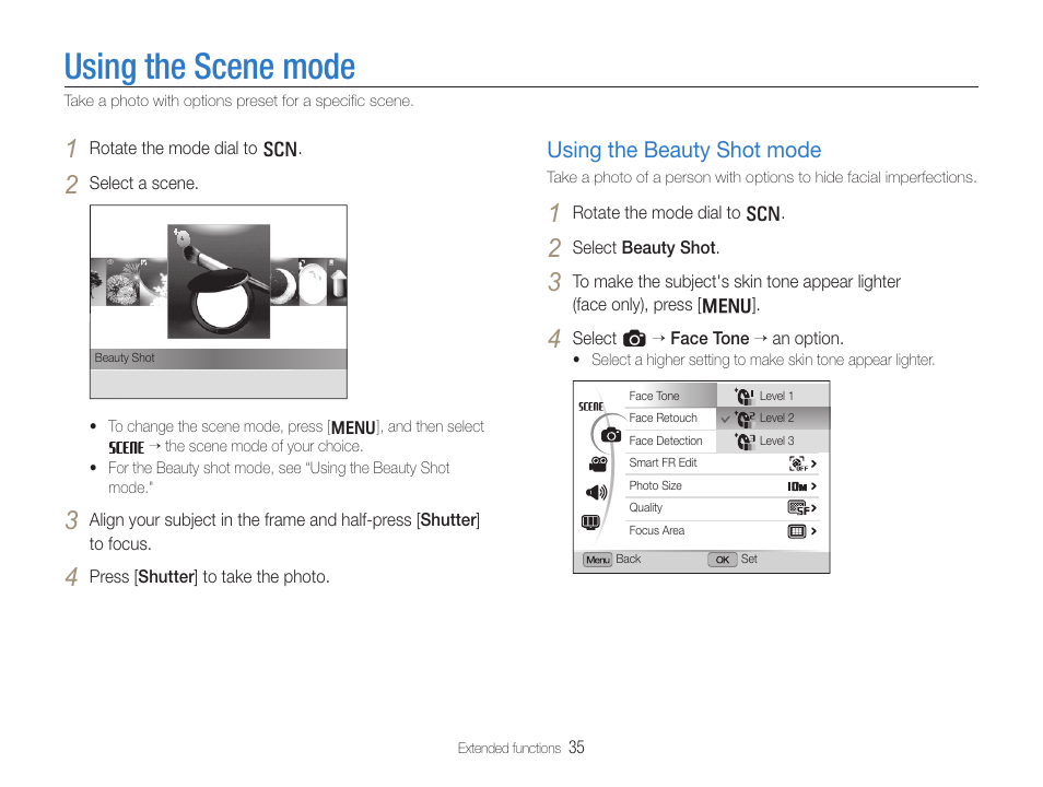 Using the scene mode, Using the beauty shot mode, Mode. (p. 35) | Samsung EC-TL500ZBPBUS User Manual | Page 36 / 129
