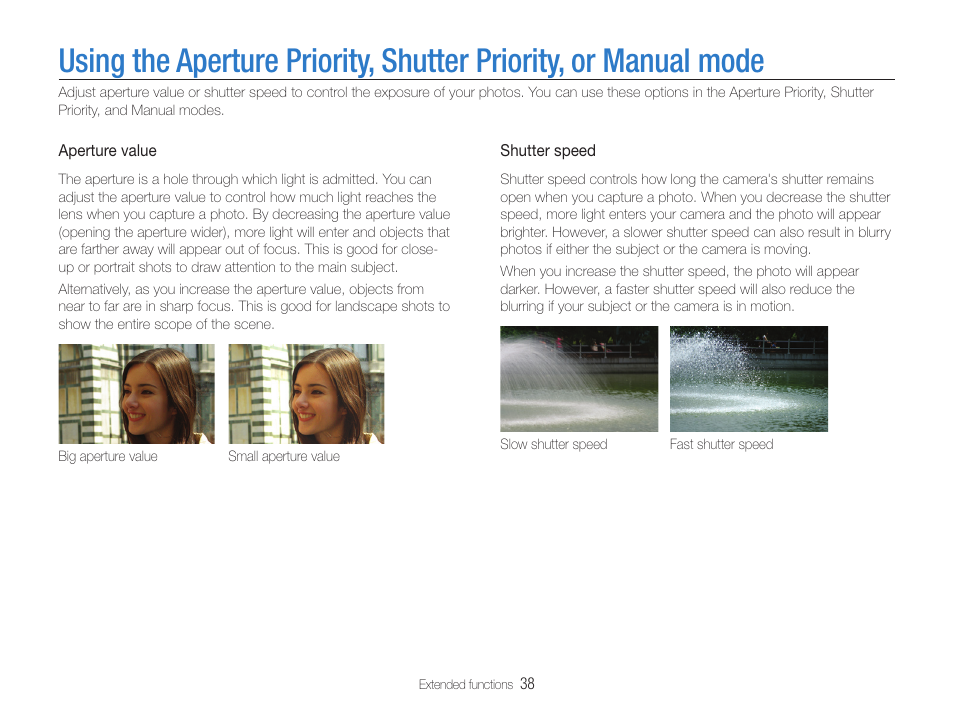 Using the aperture priority, shutter priority, or, Manual mode | Samsung EC-TL500ZBPBUS User Manual | Page 39 / 129