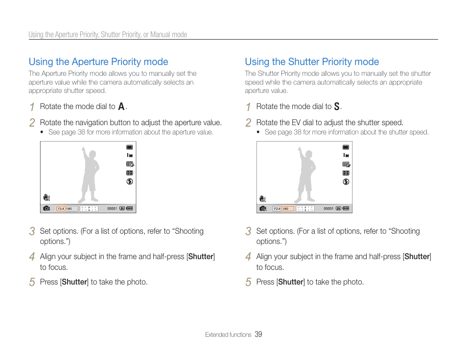 Using the aperture priority mode, Using the shutter priority mode | Samsung EC-TL500ZBPBUS User Manual | Page 40 / 129