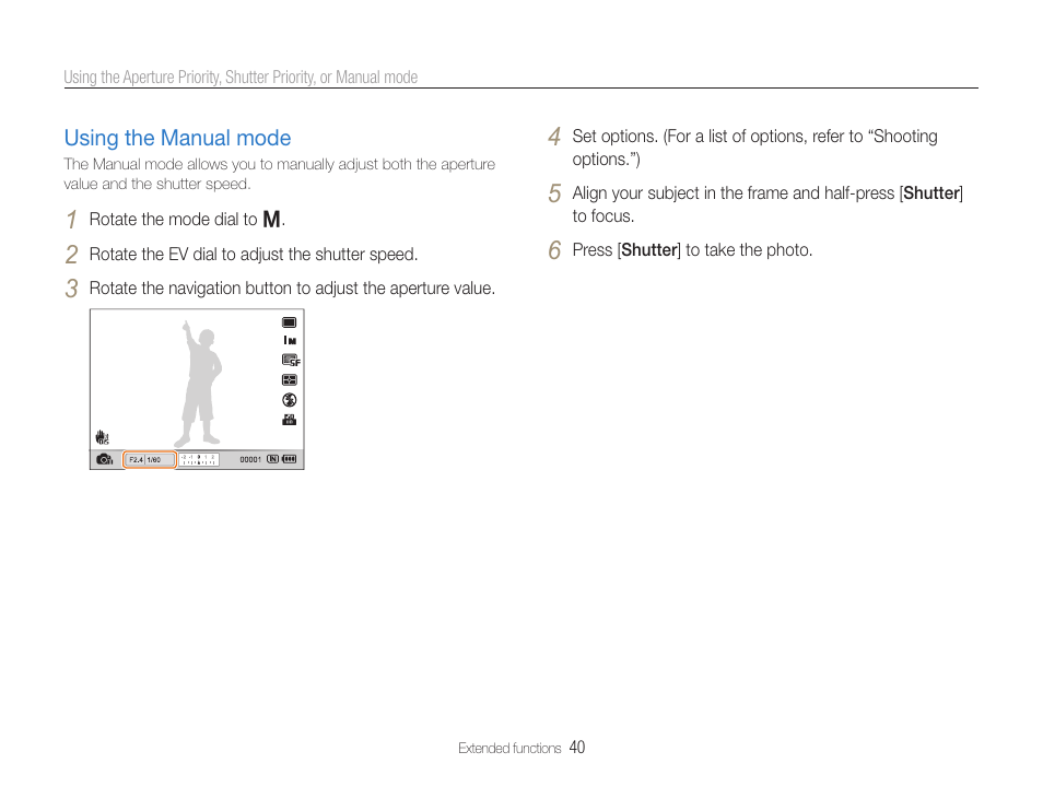 Using the manual mode | Samsung EC-TL500ZBPBUS User Manual | Page 41 / 129