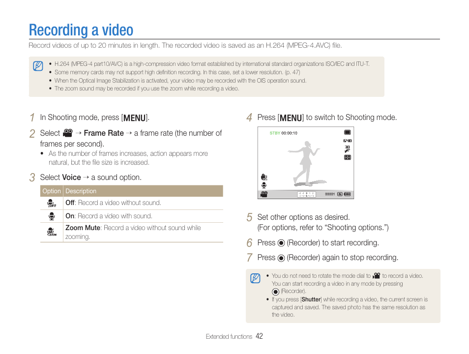 Recording a video | Samsung EC-TL500ZBPBUS User Manual | Page 43 / 129