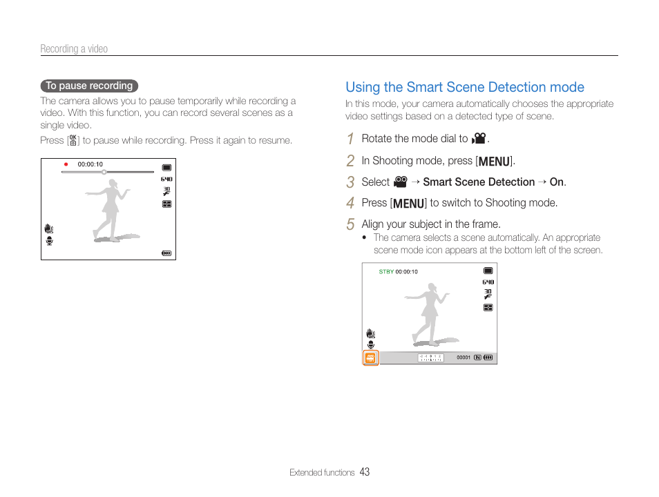 Using the smart scene detection mode | Samsung EC-TL500ZBPBUS User Manual | Page 44 / 129