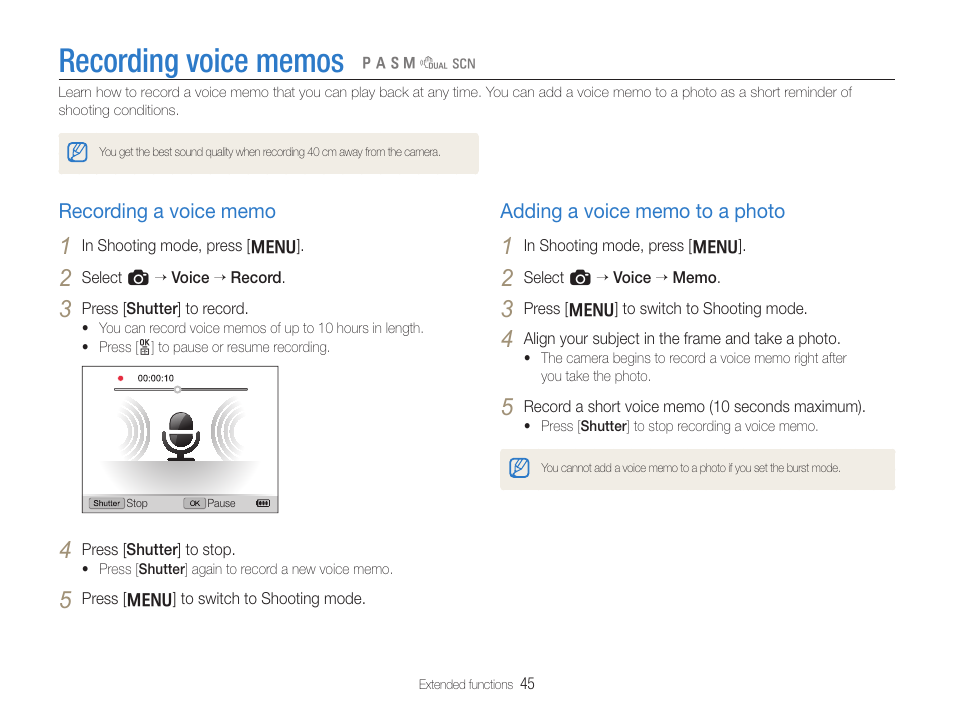 Recording voice memos, Recording a voice memo, Adding a voice memo to a photo | Samsung EC-TL500ZBPBUS User Manual | Page 46 / 129