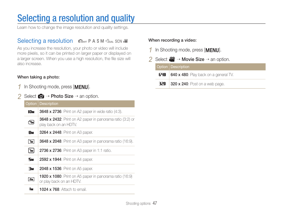 Selecting a resolution and quality, Selecting a resolution, Selecting a resolution ………………………… 47 | Samsung EC-TL500ZBPBUS User Manual | Page 48 / 129