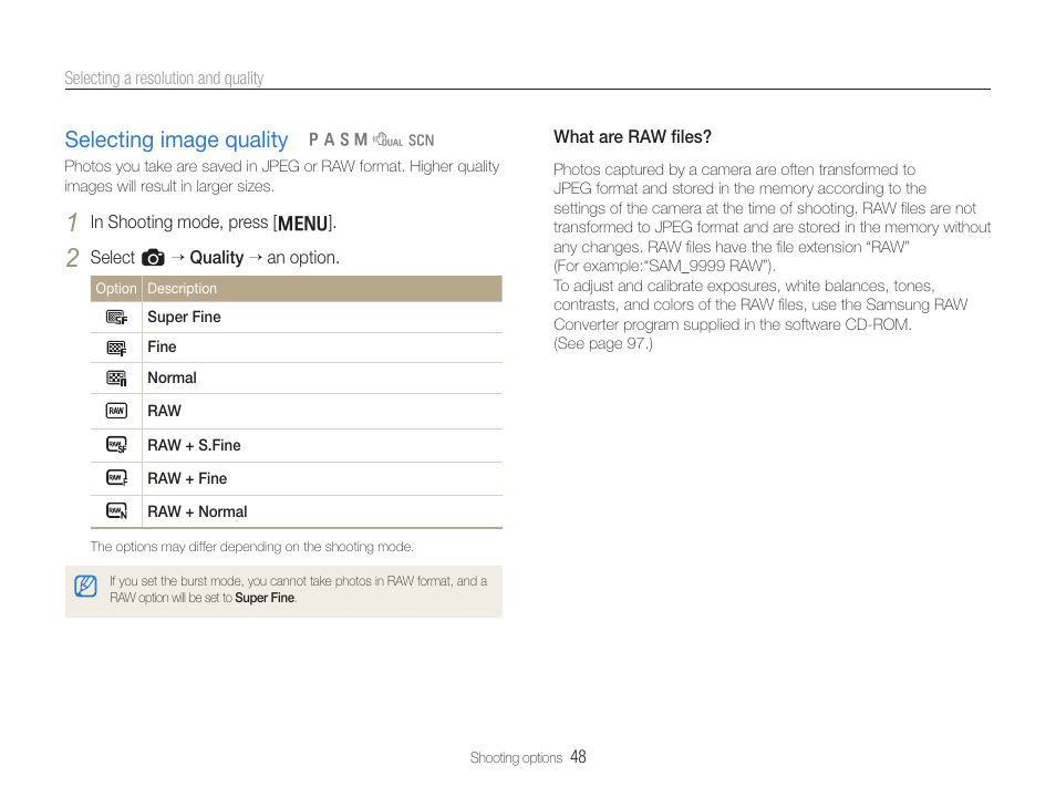 Selecting image quality, Selecting image quality ……………………… 48 | Samsung EC-TL500ZBPBUS User Manual | Page 49 / 129