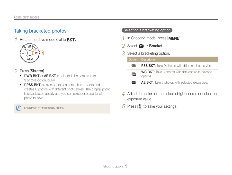 Taking bracketed photos, Taking bracketed photos …………………… 51 | Samsung EC-TL500ZBPBUS User Manual | Page 52 / 129