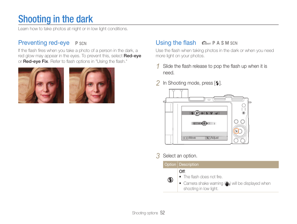 Shooting in the dark, Preventing red-eye, Using the flash | P. 52), Using the ﬂash, Preventing red-eye …………………………… 52, Using the ﬂash ……………………………… 52 | Samsung EC-TL500ZBPBUS User Manual | Page 53 / 129