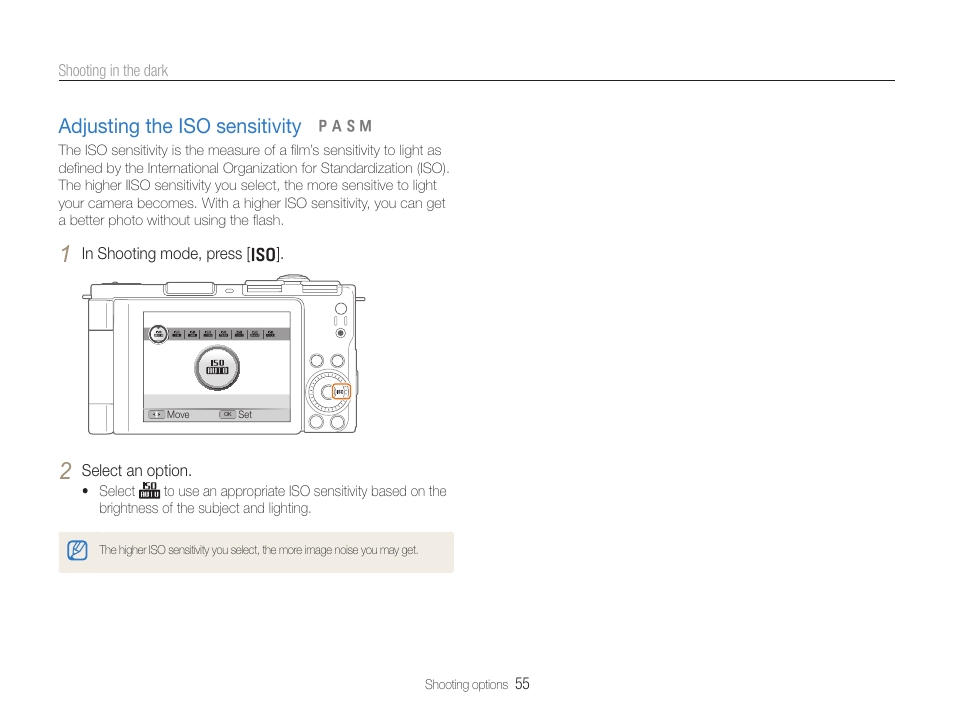 Adjusting the iso sensitivity, Adjusting the iso sensitivity ………………… 55 | Samsung EC-TL500ZBPBUS User Manual | Page 56 / 129