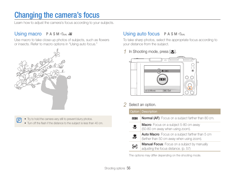 Changing the camera’s focus, Using macro, Using auto focus | Using macro ………………………………… 56, Using auto focus …………………………… 56 | Samsung EC-TL500ZBPBUS User Manual | Page 57 / 129