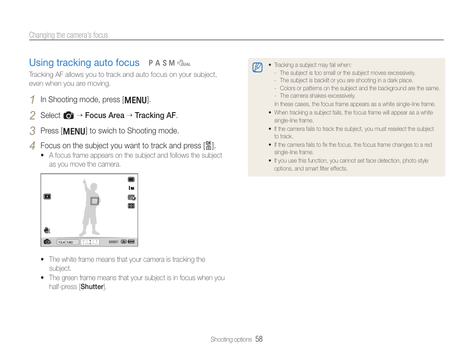 Using tracking auto focus, Using tracking auto focus …………………… 58 | Samsung EC-TL500ZBPBUS User Manual | Page 59 / 129