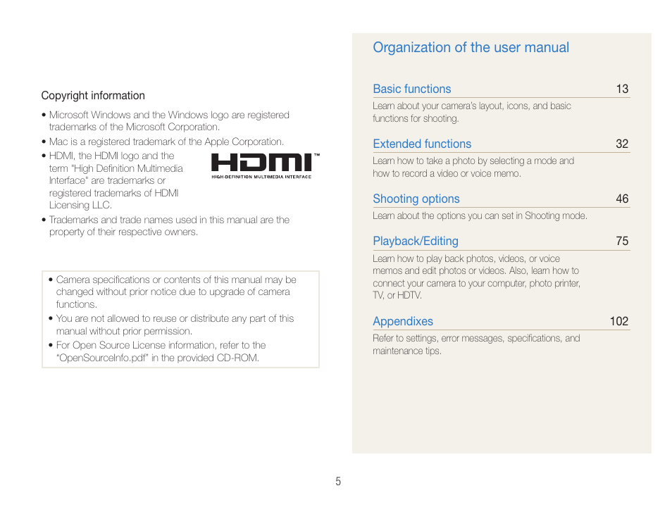 Organization of the user manual | Samsung EC-TL500ZBPBUS User Manual | Page 6 / 129