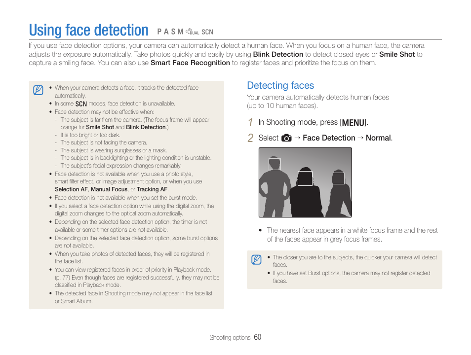 Using face detection, Detecting faces, Detecting faces ……………………………… 60 | Samsung EC-TL500ZBPBUS User Manual | Page 61 / 129