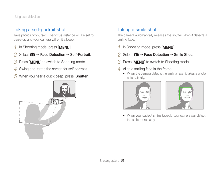 Taking a self-portrait shot, Taking a smile shot, Taking a self-portrait shot …………………… 61 | Taking a smile shot …………………………… 61 | Samsung EC-TL500ZBPBUS User Manual | Page 62 / 129