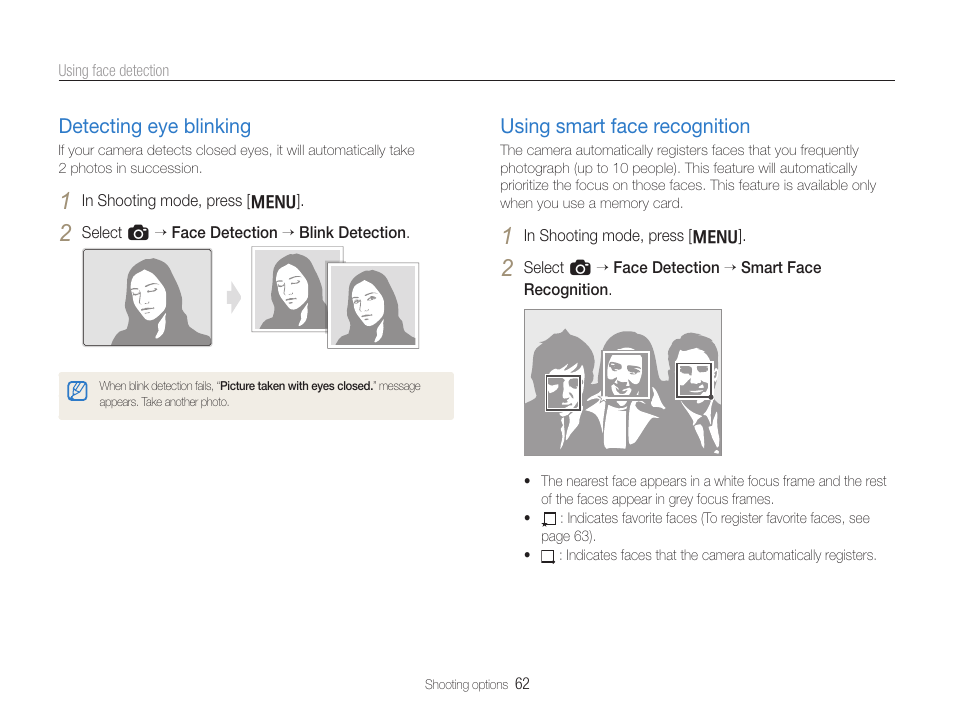 Detecting eye blinking, Using smart face recognition, Detecting eye blinking ……………………… 62 | Using smart face recognition ………………… 62 | Samsung EC-TL500ZBPBUS User Manual | Page 63 / 129