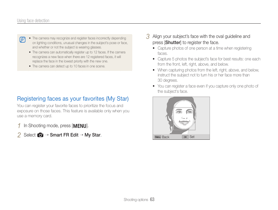 Registering faces as your favorites (my star), Registering faces as your favorites (my star) … 63 | Samsung EC-TL500ZBPBUS User Manual | Page 64 / 129