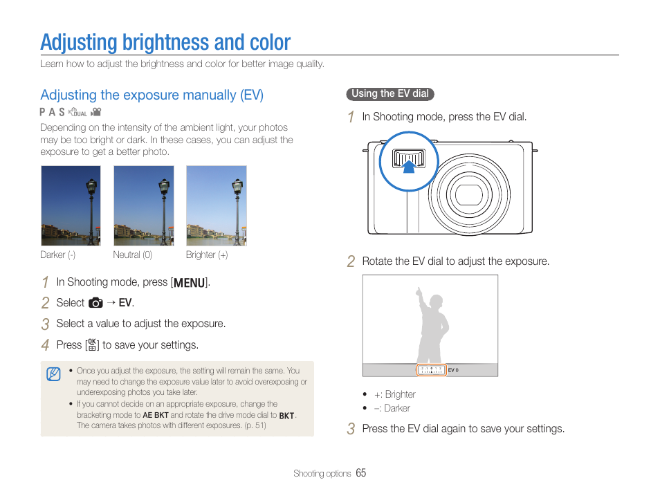 Adjusting brightness and color, Adjusting the exposure manually (ev), Adjust the exposure. (p | Adjusting the exposure manually (ev) ……… 65 | Samsung EC-TL500ZBPBUS User Manual | Page 66 / 129