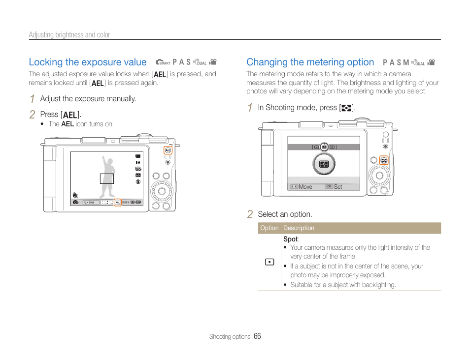 Locking the exposure value, Changing the metering option, Locking the exposure value ………………… 66 | Changing the metering option ……………… 66 | Samsung EC-TL500ZBPBUS User Manual | Page 67 / 129