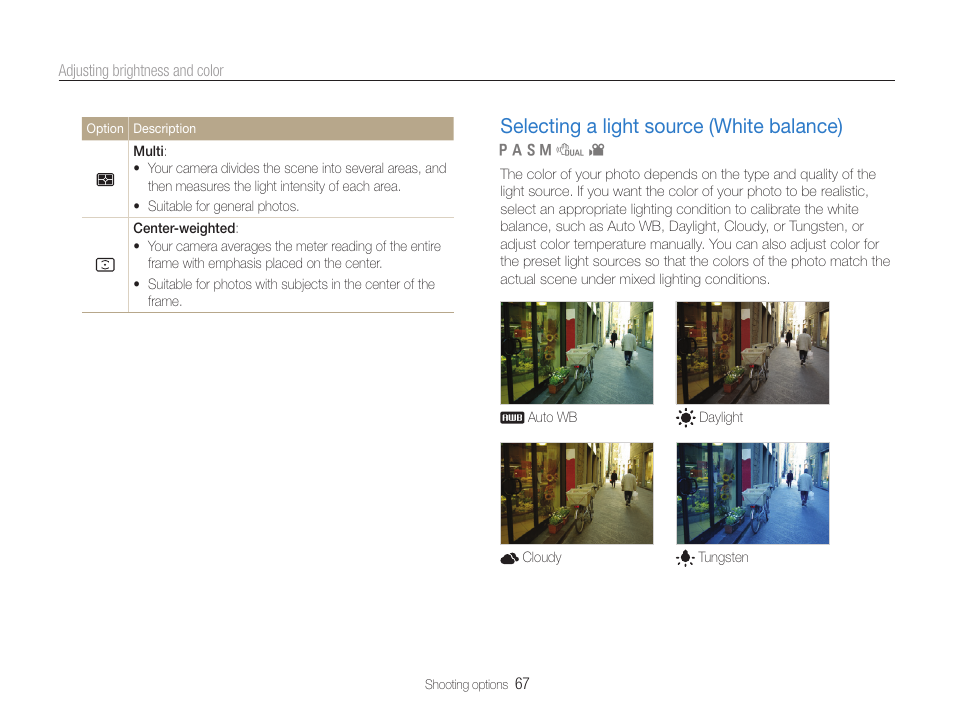 Selecting a light source (white balance), Selecting a light source (white balance) …… 67 | Samsung EC-TL500ZBPBUS User Manual | Page 68 / 129