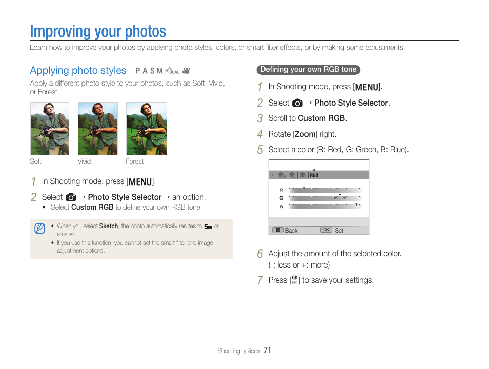 Improving your photos, Applying photo styles, Applying photo styles ………………………… 71 | Samsung EC-TL500ZBPBUS User Manual | Page 72 / 129