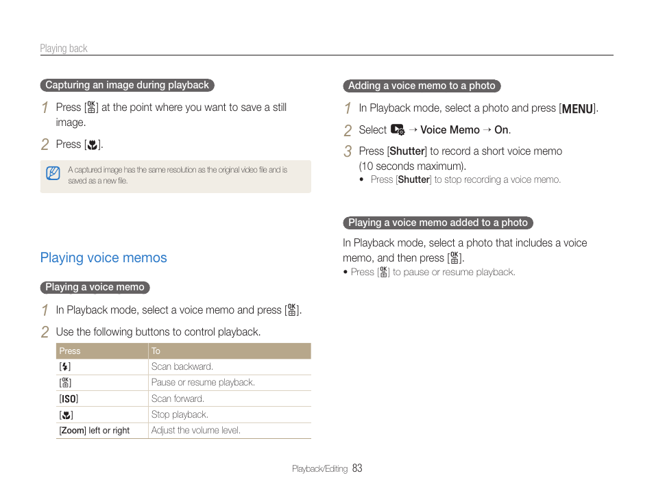 Playing voice memos, Playing voice memos ………………………… 83 | Samsung EC-TL500ZBPBUS User Manual | Page 84 / 129