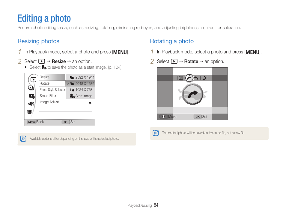 Editing a photo, Resizing photos, Rotating a photo | Resizing photos ……………………………… 84, Rotating a photo …………………………… 84 | Samsung EC-TL500ZBPBUS User Manual | Page 85 / 129