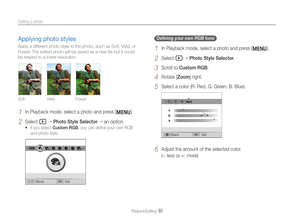 Applying photo styles, Applying photo styles ………………………… 85 | Samsung EC-TL500ZBPBUS User Manual | Page 86 / 129