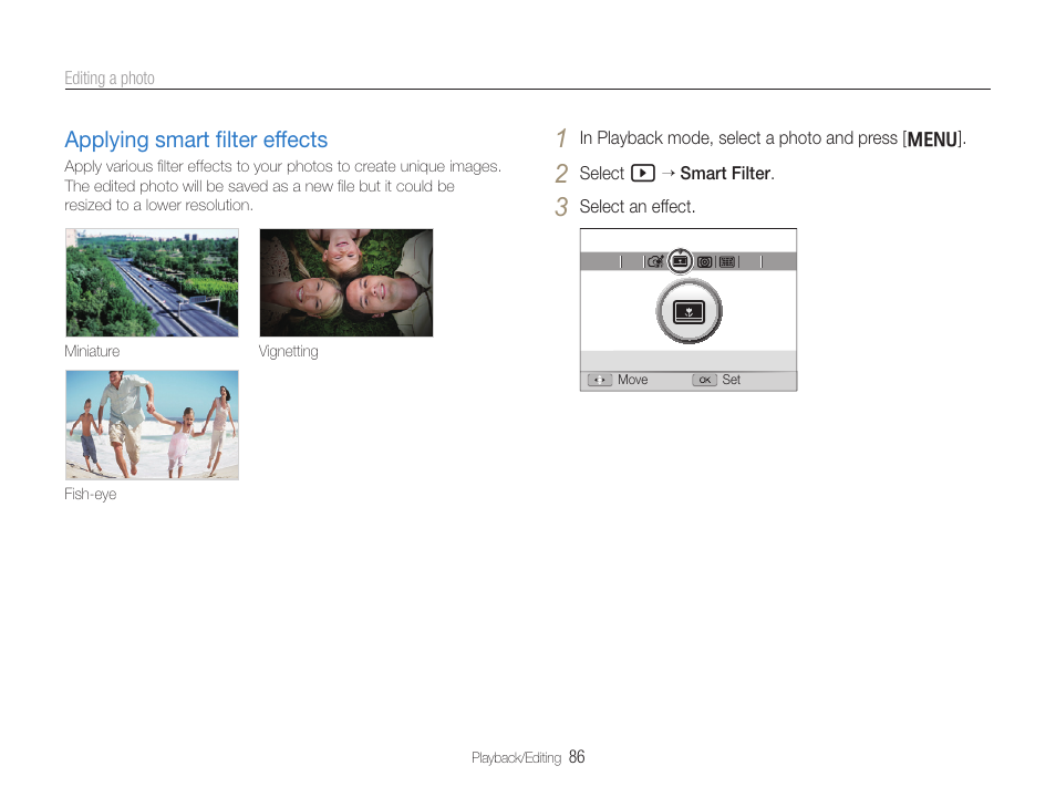Applying smart filter effects, Applying smart ﬁlter effects, Applying smart ﬁlter effects ………………… 86 | Samsung EC-TL500ZBPBUS User Manual | Page 87 / 129