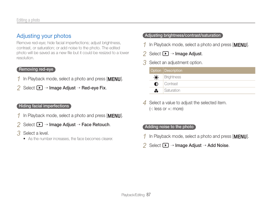 Adjusting your photos, In the edit menu. (p. 87), Adjusting your photos ……………………… 87 | Samsung EC-TL500ZBPBUS User Manual | Page 88 / 129