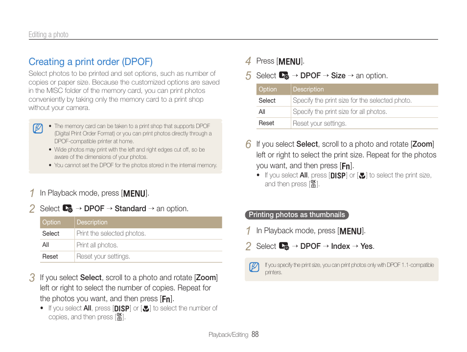 Creating a print order (dpof), Creating a print order (dpof) ………………… 88 | Samsung EC-TL500ZBPBUS User Manual | Page 89 / 129