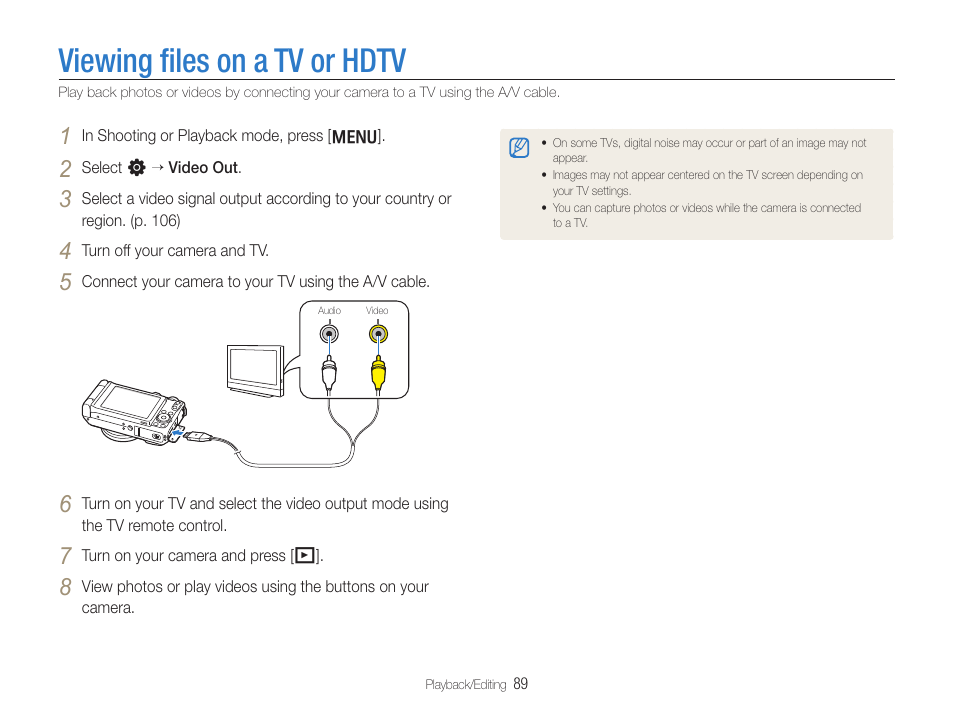 Viewing files on a tv or hdtv, Viewing ﬁles on a tv or hdtv | Samsung EC-TL500ZBPBUS User Manual | Page 90 / 129